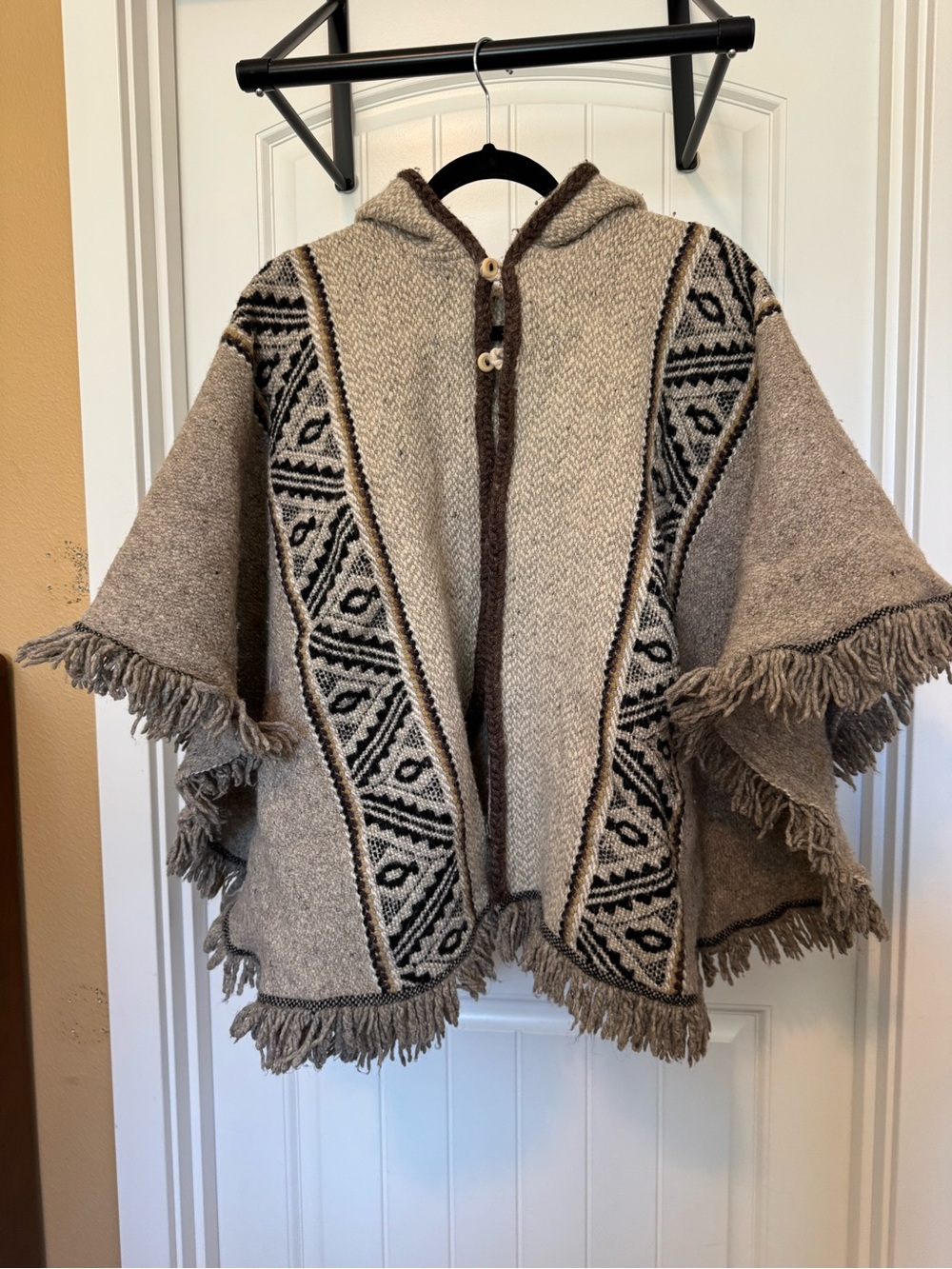 Vintage Wool Hooded Fringe Cape in Neutral Beige with Pattern